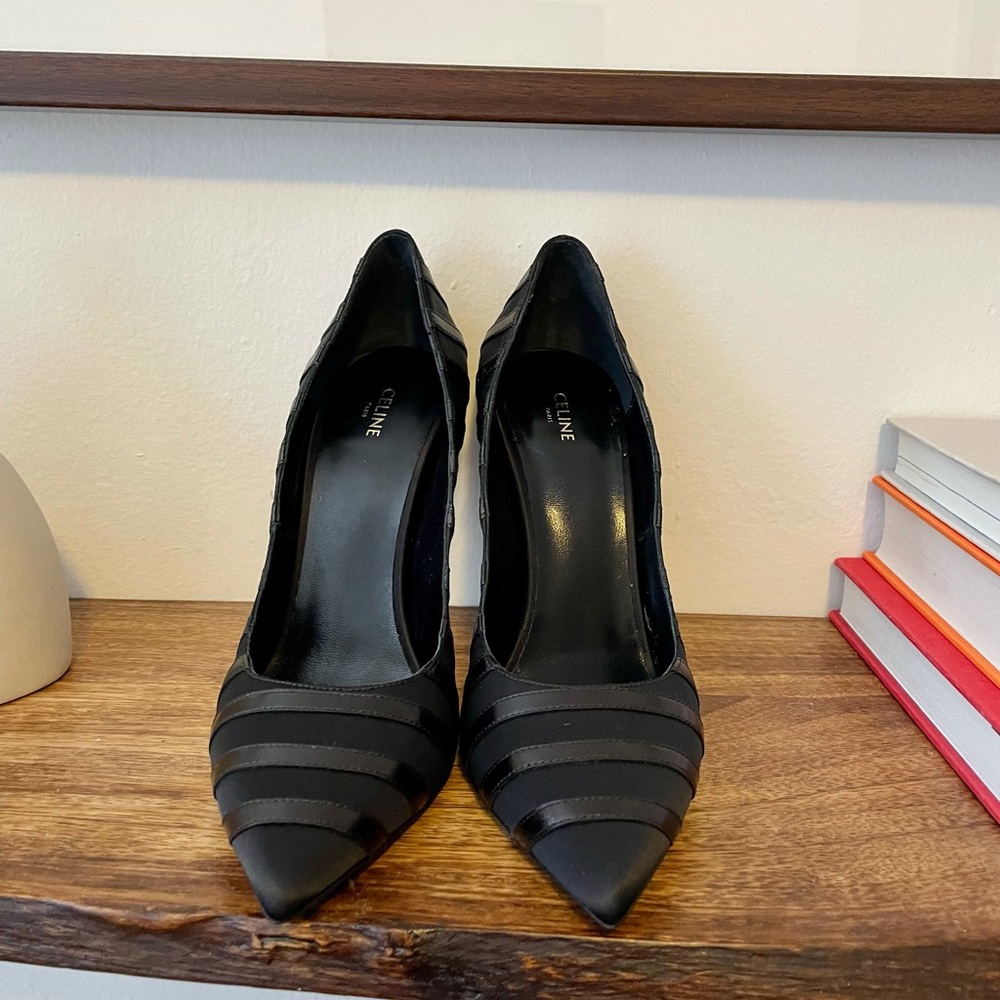 BRAND NEW CELINE/NEVER WORN striped heel.